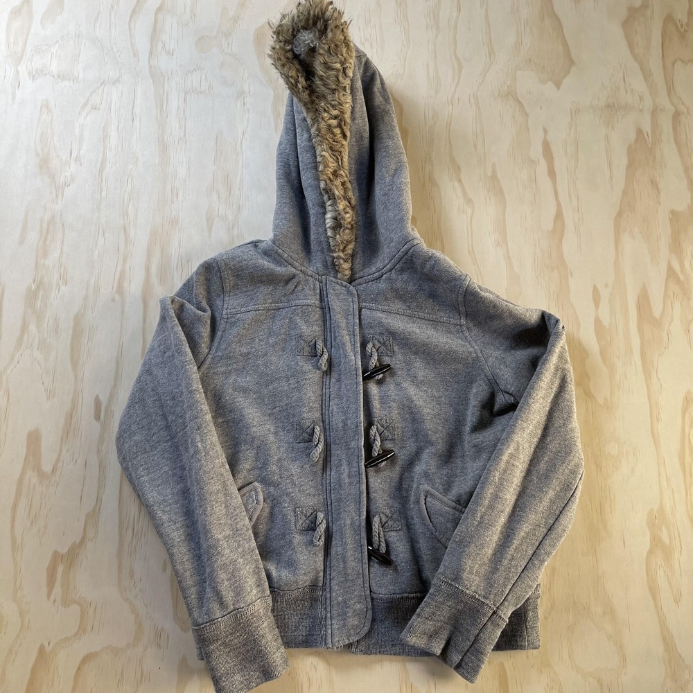 American Eagle Outfitters Jacket Womens Large Gray Fleece Faux Fur Hooded Toggle